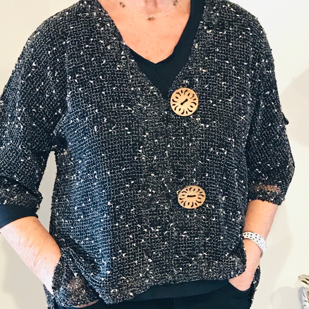 Short sleeve open weave sweater